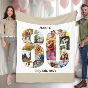 Couverture Polaire Collage de photos 80e anniversaire image beige neu