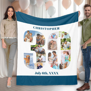 Couverture Polaire Collage Photo Anniversaire 30 Ans Bleu Blanc Image