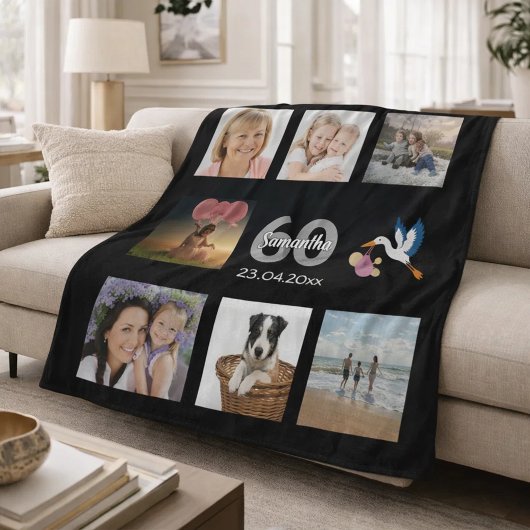 Couverture Polaire collage photo d'anniversaire 60 ans noir