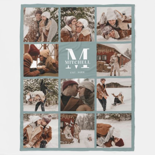 Couverture Polaire Collage photo de famille moderne Monogramme Sage V (Devant)