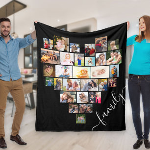 Couverture Polaire Collage photo en forme de coeur Script de famille 
