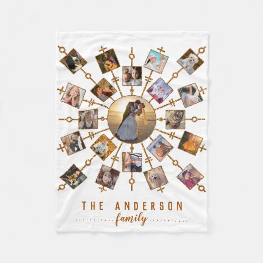 Couverture Polaire Collage Photo Famille 21 Photos Or Blanc + Nom (Devant)