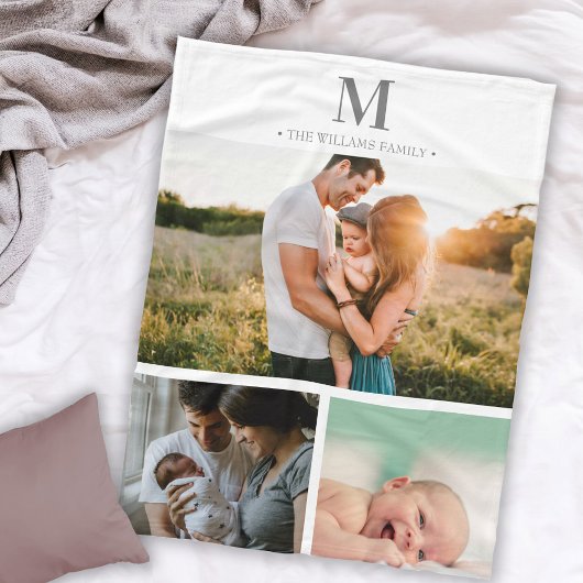 Couverture Polaire Collage photo monogrammé moderne Gris & blanc