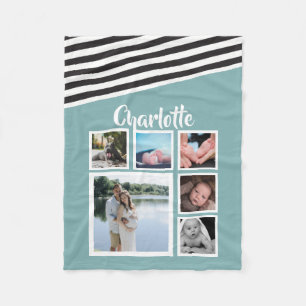 Couverture Polaire Collage photo personnalisé Turquoise rayé unique