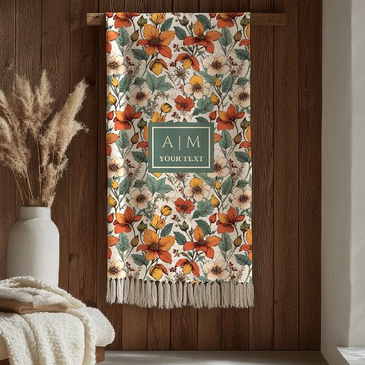 Couverture Polaire Comfy Olive Green Rust Copper Autumn Flower Art