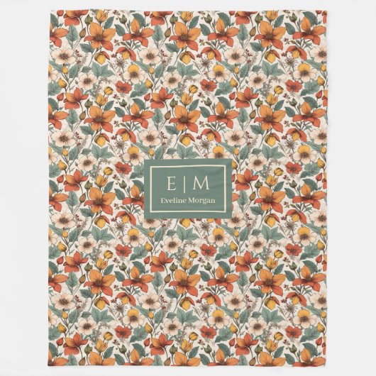 Couverture Polaire Comfy Olive Green Rust Copper Autumn Flower Art (Devant)