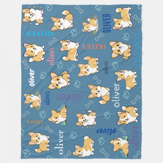 Couverture Polaire Conception de motif Corgi Os Coeurs Bleu (Devant)