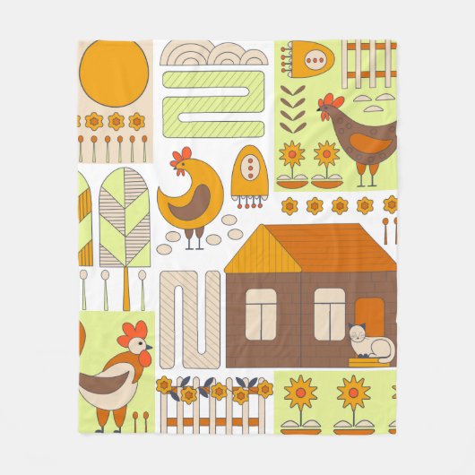 Couverture Polaire Coq et deux poules, oeufs, fleurs, maison, drawin (Devant)