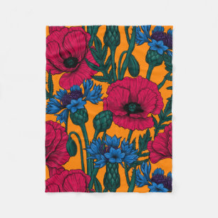 Couverture Polaire Coquelicots rouges et fleurs bleues sur orange