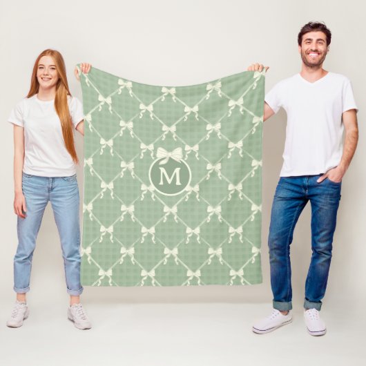 Couverture Polaire Coquette Bows Gingham Monogram Cream Sage Green (En situation)