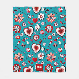 Couverture Polaire Coquette, floral et coeur turquoise monogramme rou