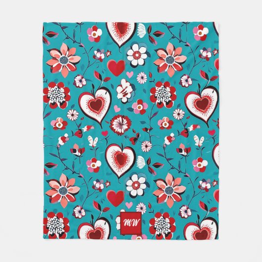 Couverture Polaire Coquette, floral et coeur turquoise monogramme rou (Devant)