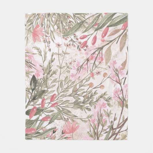 Couverture Polaire Corail rose pinceau forêt vert aquarelle florale (Devant)