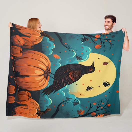 Couverture Polaire Corbeau d'Halloween dans la forêt Citrouille (En situation)