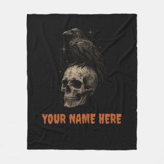 Couverture Polaire Corbeau gothique sur crâne, mystère vintage.