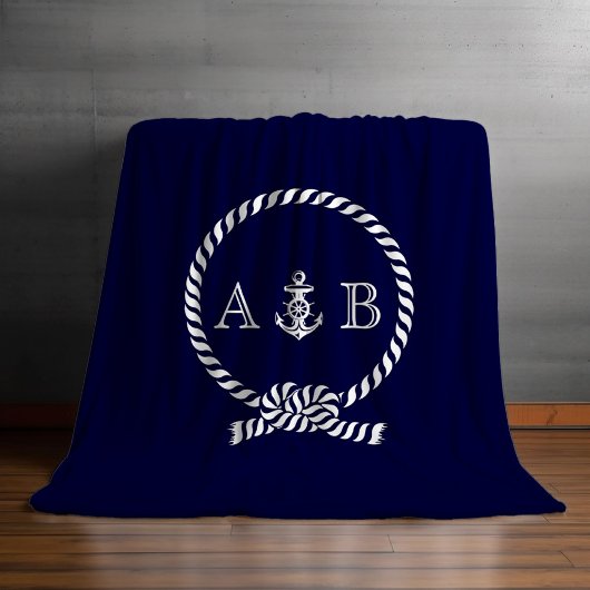 Couverture Polaire Cordon bleu marine et Ancre monogrammé