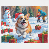 Couverture Polaire Corgi coule en neige avec Casquette de Noël (Devant (Horizontal))