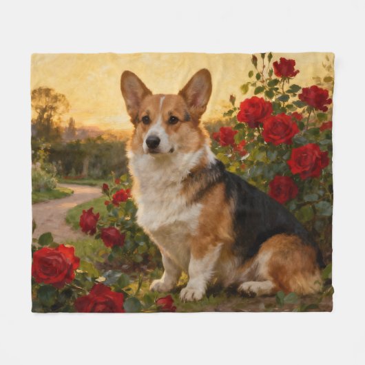 Couverture Polaire Corgi dans les Roses II (Devant (Horizontal))