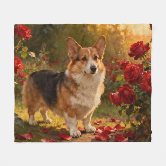 Couverture Polaire Corgi dans les Roses V (Devant (Horizontal))