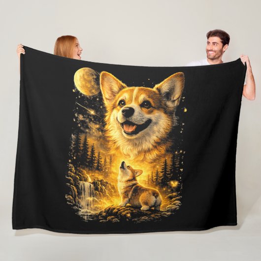 Couverture Polaire corgi drôle hurlant à la lune (En situation)