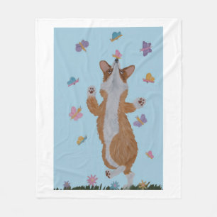 Couverture Polaire Corgi gallois dansant avec des papillons