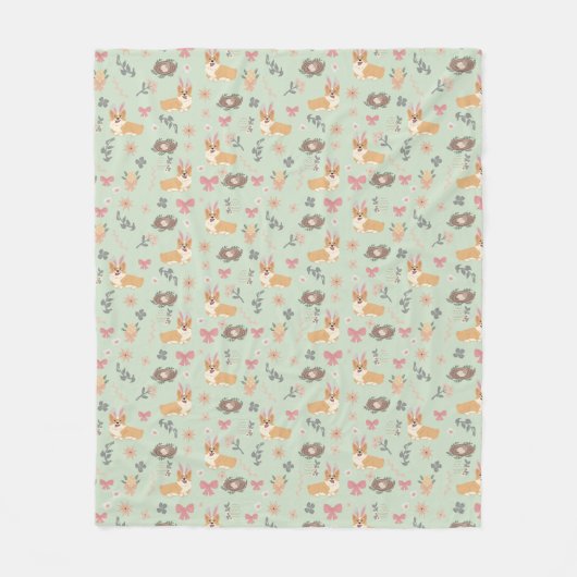 Couverture Polaire Corgi Mint Garden Floral Seamless Pattern (Devant)