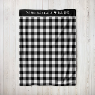Couverture Polaire Cosy noir et blanc Buffalo Plaid Family Monogramme