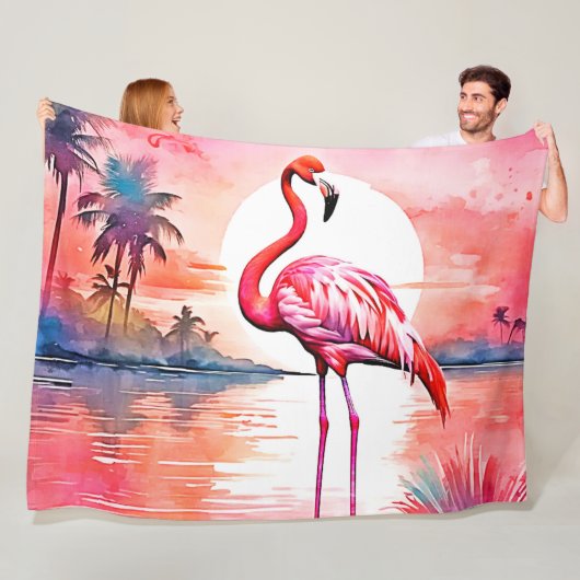 Couverture Polaire Coucher de soleil Flamant rose rose (En situation)