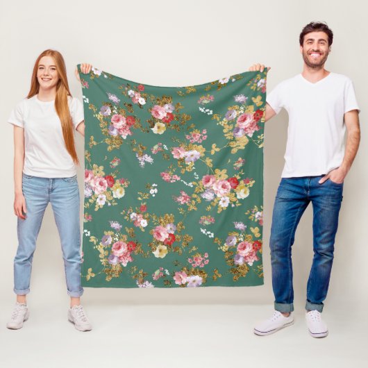 Couverture Polaire Country chic forest green pink gold (En situation)