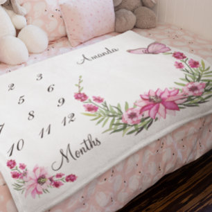 Couverture Polaire Couronne aquarelle rose jalon souvenir de bébé