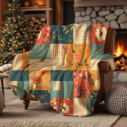 Couverture Polaire Courtepoint-Rétro-Fleurs-Patchwork