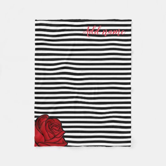 Couverture Polaire Coutume, rayures noires et blanches, avec Rose (Devant)