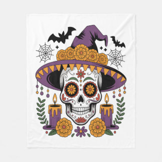 Couverture Polaire Crâne avec chapeau de sorcière vecteur Halloween