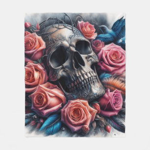 Couverture Polaire Crâne avec Roses et Bluebird