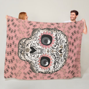 Couverture Polaire Crâne de sucre rose et or et cœurs fantaisistes mi