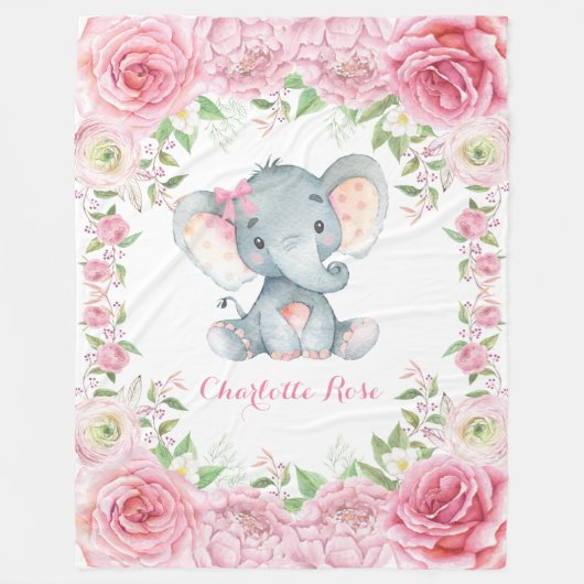 Couverture Polaire Crèche rose florale rose de bébé d'éléphant (Devant)
