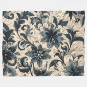 Couverture Polaire Crème courbée et conception florale bleu marine (Devant (Horizontal))