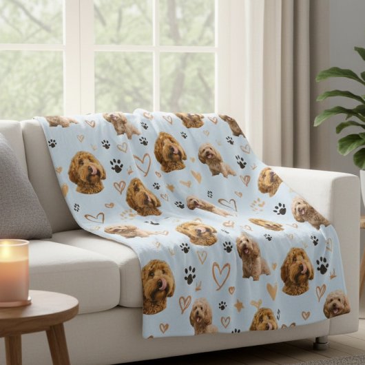 Couverture Polaire Custom Dog Photo with Hearts Blue