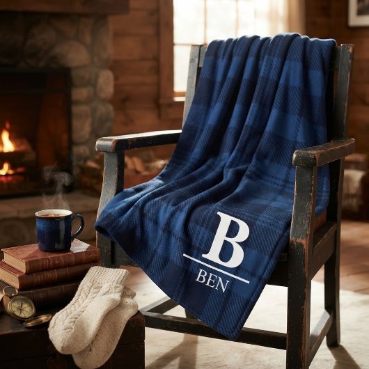 Couverture Polaire Custom Monogram Initial & Name Blue Buffalo Plaid