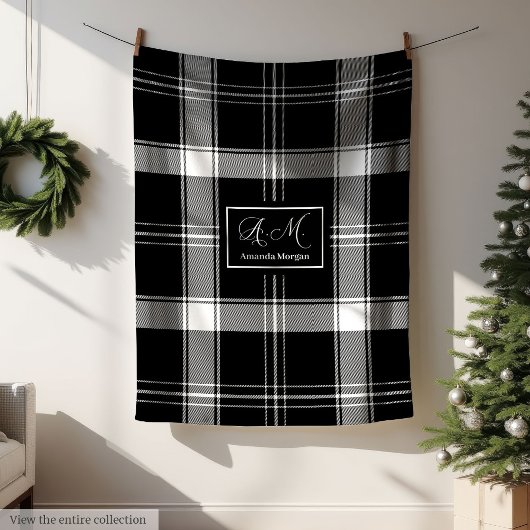 Couverture Polaire Custom Name Black White Buffalo Plaid Men's Gift