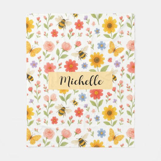 Couverture Polaire Custom Name Floral Bee Blanket (Devant)