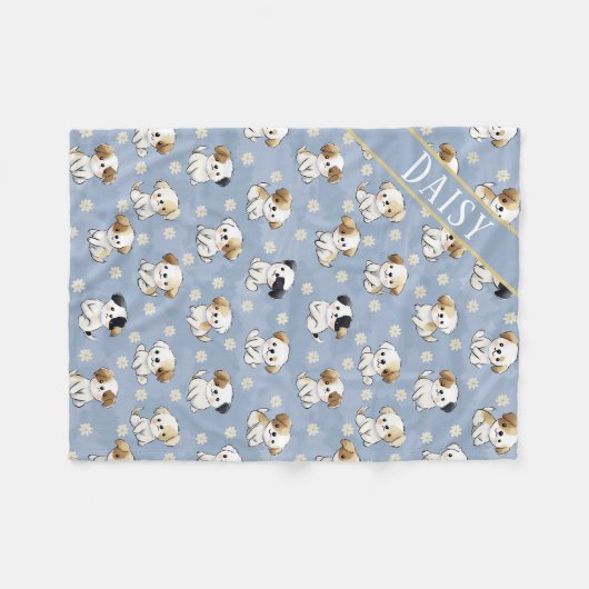 Couverture Polaire Customizable Blue Puppy and Floral Pattern  (Devant (Horizontal))