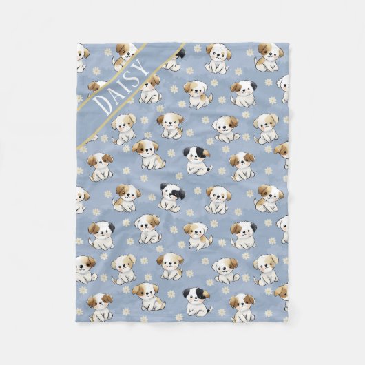 Couverture Polaire Customizable Blue Puppy and Floral Pattern  (Devant)
