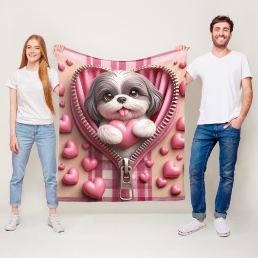 Couverture Polaire Cute 3D Shih Tzu dans un Arrière - plan rose et bl (En situation)