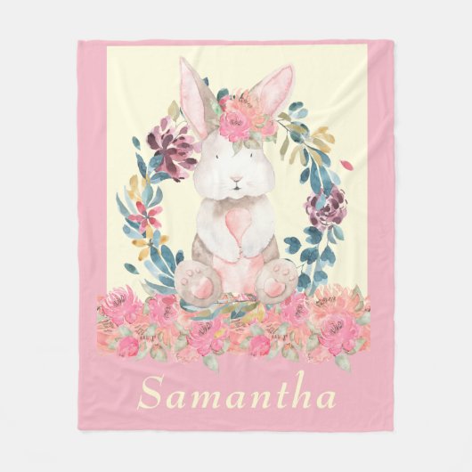 Couverture Polaire Cute Aquarelle Bunny Pink Creme Floral (Devant)