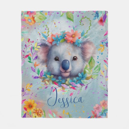 Couverture Polaire Cute aquarelle Koala avec fleurs (Devant)
