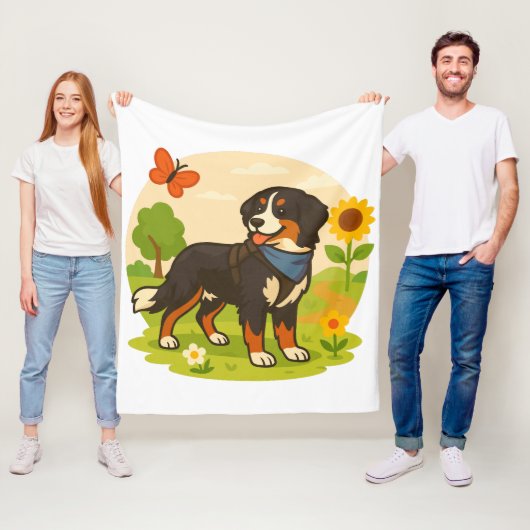 Couverture Polaire Cute Bernese Mountain Dog with Sunflower & Butterf (En situation)