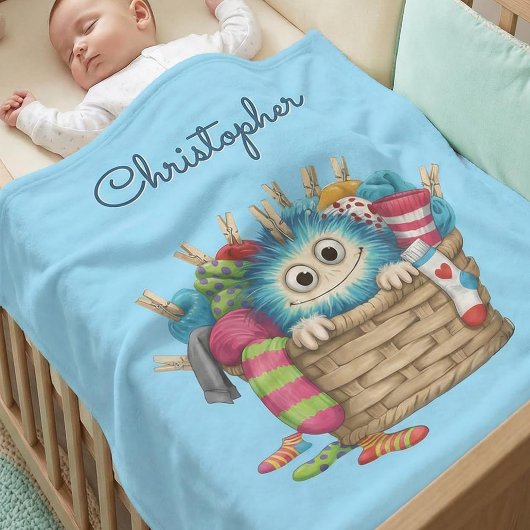 Couverture Polaire Cute Blue Fluffy Sock Monster Kids Design