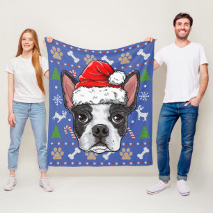 Couverture Polaire Cute Boston Terrier Ugly Christmas Sweater Santa