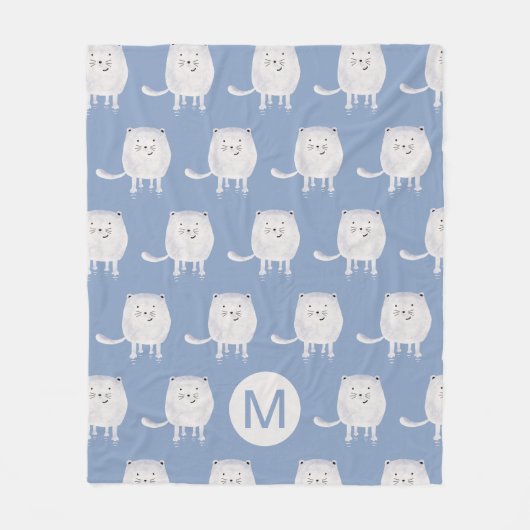 Couverture Polaire Cute Bouncing White Cat Pattern Monogram Blue (Devant)